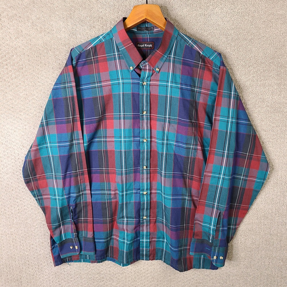 Vintage Royal Knight Shirt Mens XL Blue Red Plaid Button Down Long Sleeve